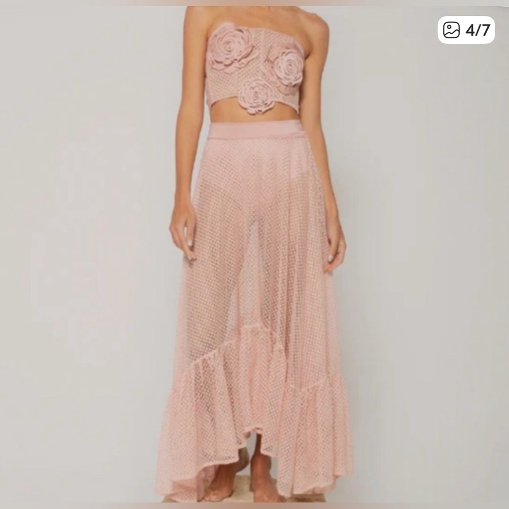 Elegant Pink Strapless cover top with Floral Design and short and skirt.